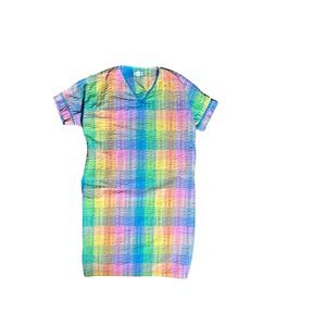 Vintage Saybury Rainbow Plaid Seersucker Kaftan House Dress One Size 20402